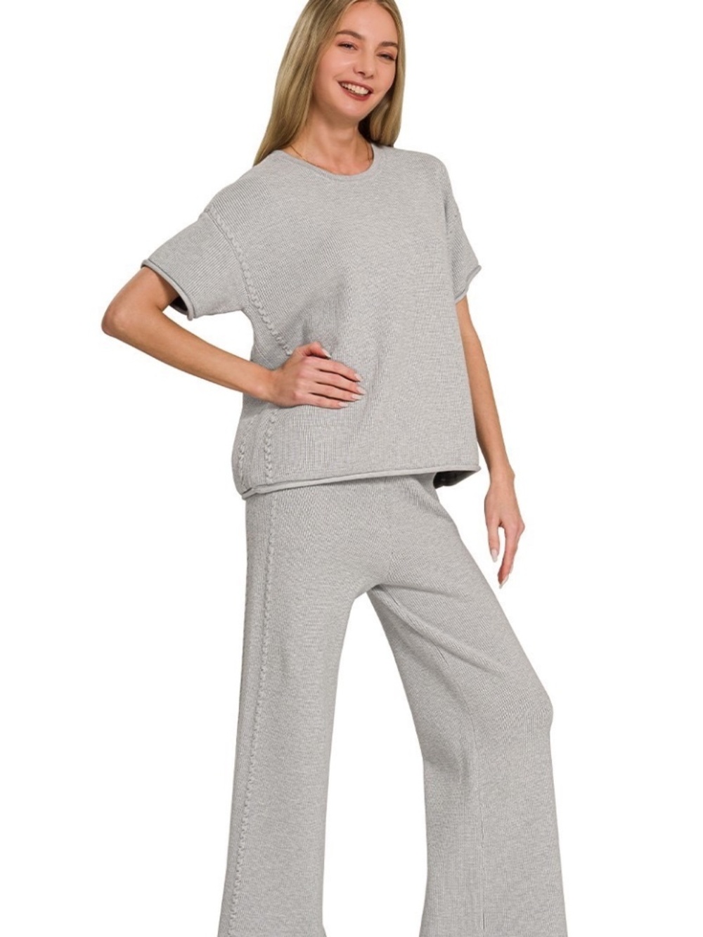 Zenana Premium Viscose Blend H Grey Knit Pants Set NWOT - Picture 6 of 8